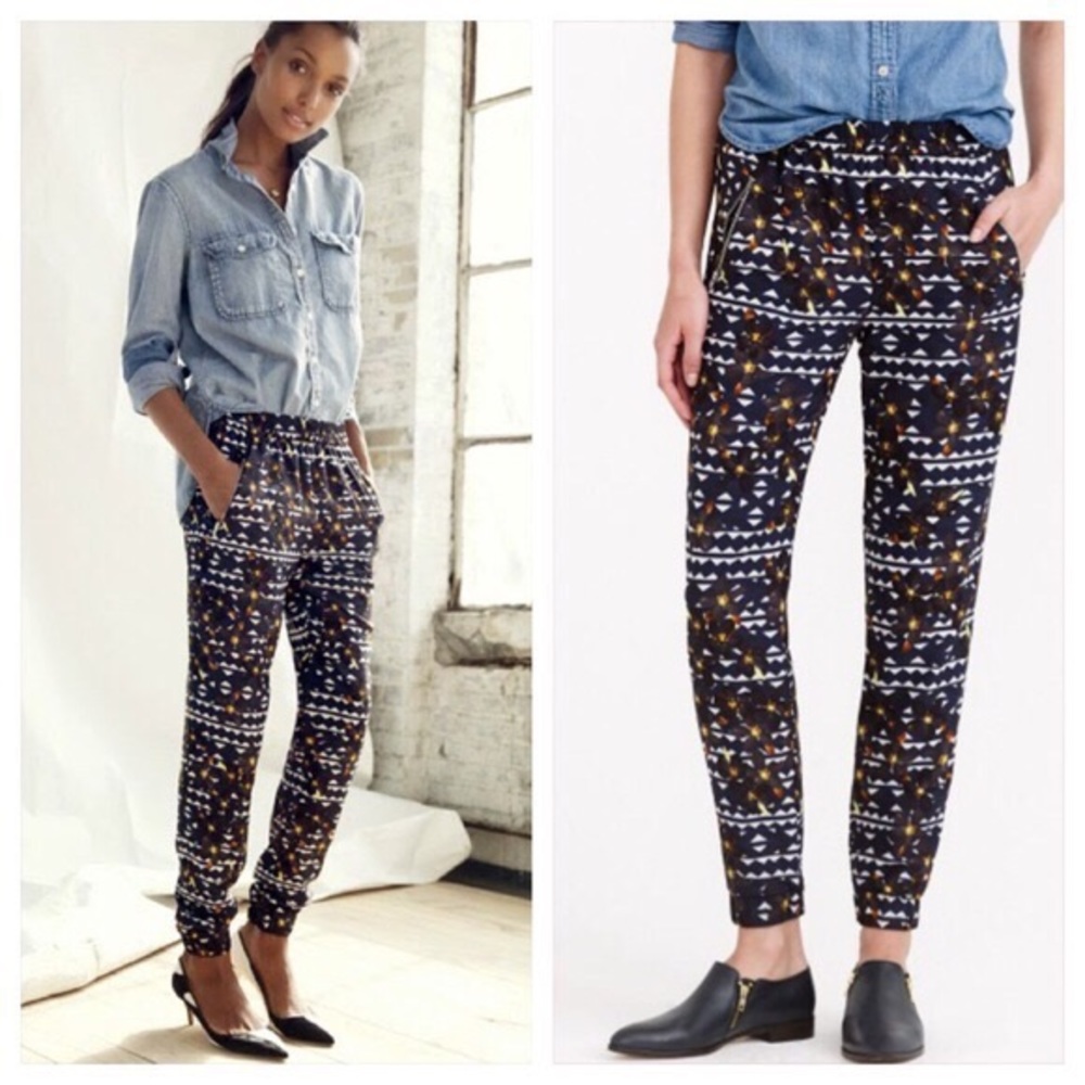J. CREW Hidden Floral Print Joggers Pants Elastic Waist Navy Blue Ankle Crop 6